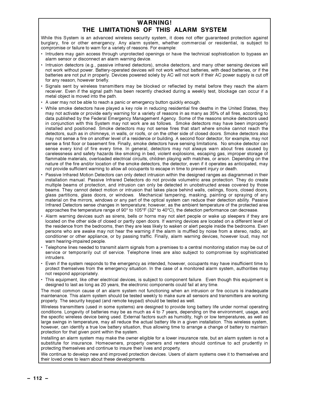 Guardian Technologies N7001V2, VISTA-40 installation instructions Limitations of this Alarm System, 112 Ð 