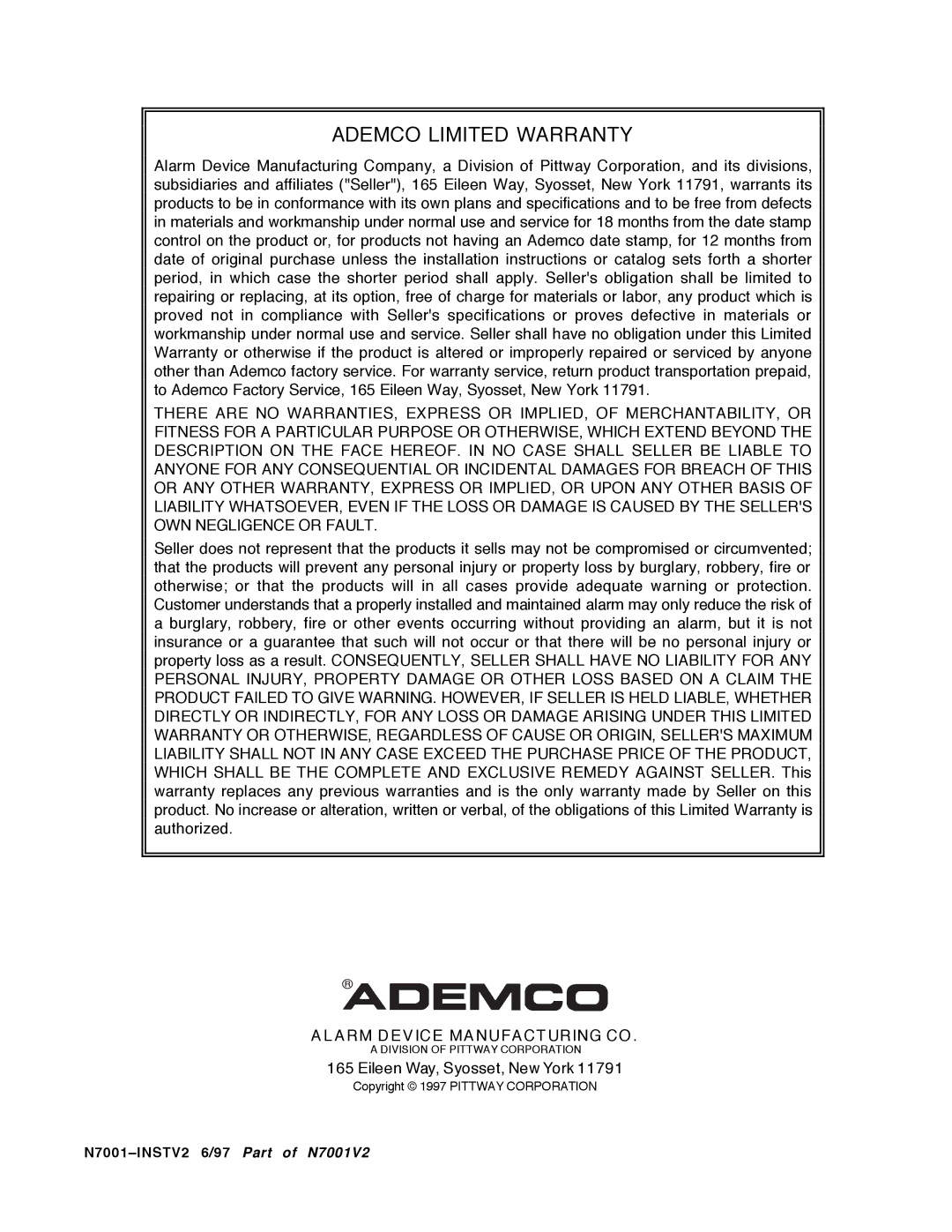 Guardian Technologies N7001V2, VISTA-40 installation instructions Ademco Limited Warranty, AL ARM Device Manufacturing CO 