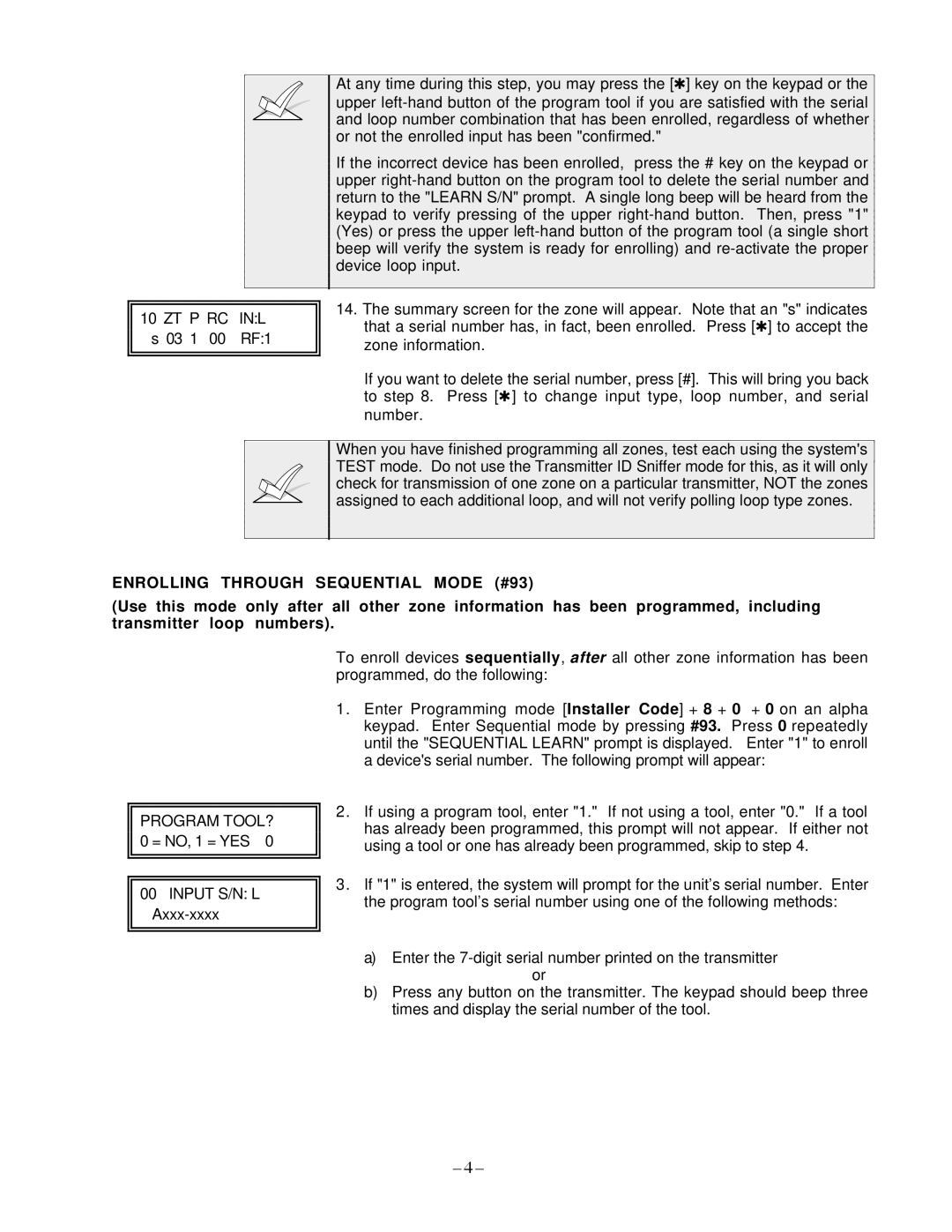 Guardian Technologies N7001V2, VISTA-40 Enrolling Through Sequential Mode #93, Program TOOL? 0 = NO, 1 = YES 