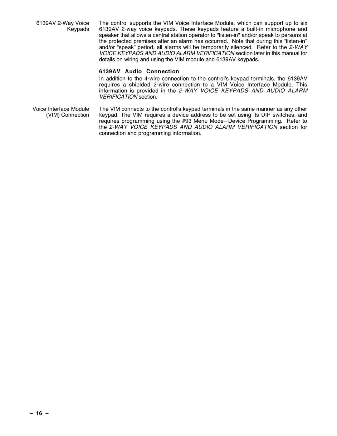 Guardian Technologies N7001V2, VISTA-40 installation instructions 6139AV Audio Connection, 16 Ð 