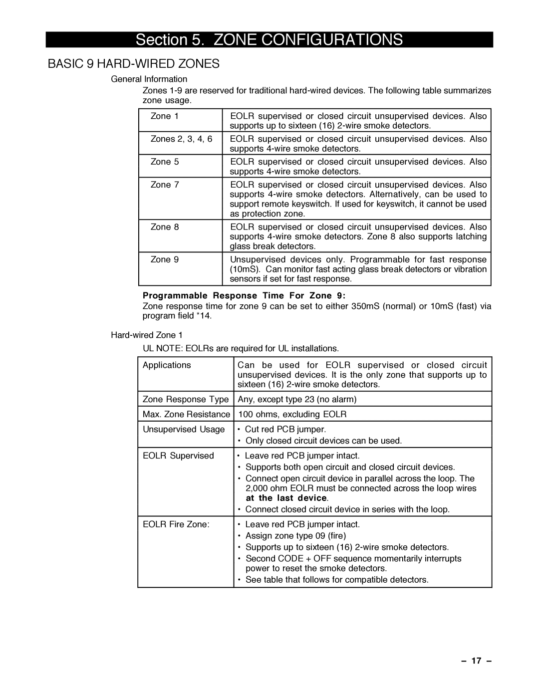 Guardian Technologies VISTA-40, N7001V2 Zone Configurations, Programmable Response Time For Zone, At the last device, 17 Ð 