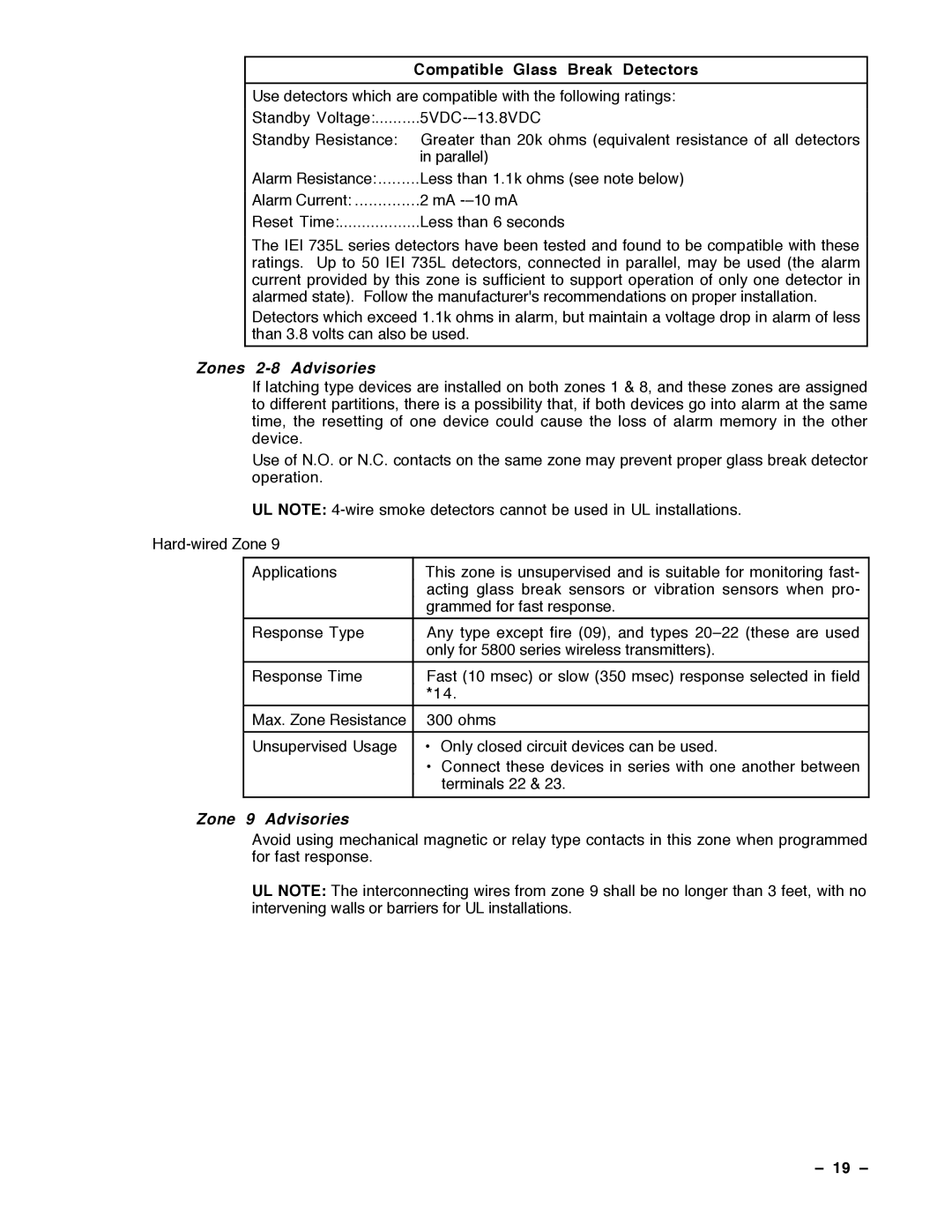 Guardian Technologies VISTA-40, N7001V2 installation instructions Compatible Glass Break Detectors, 19 Ð 