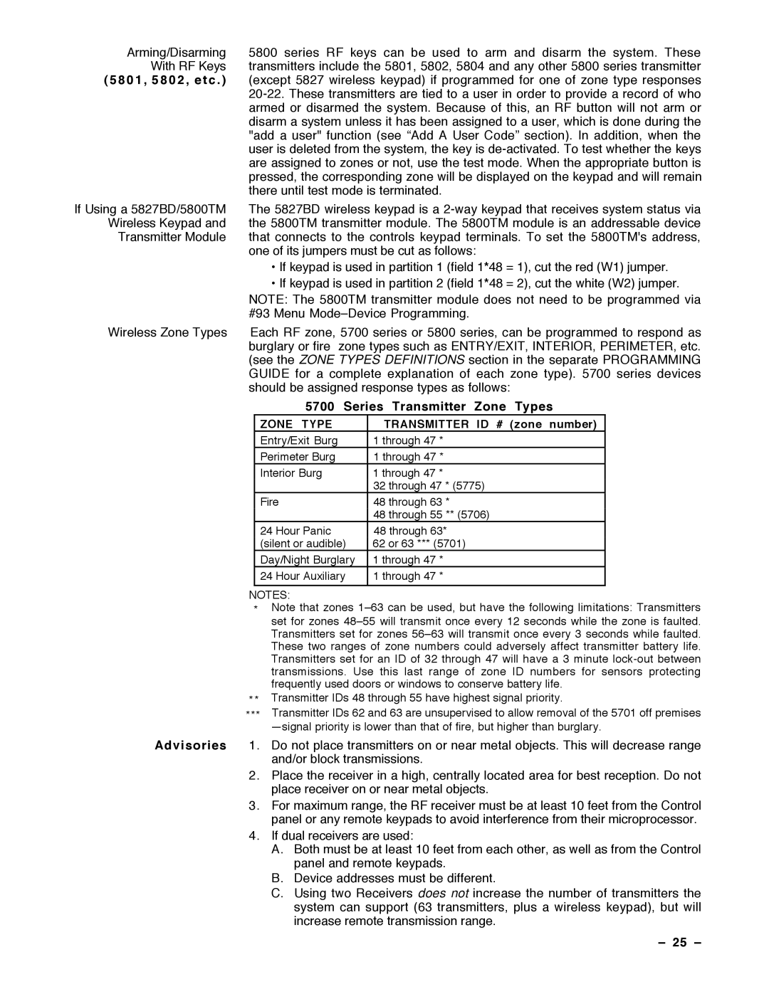 Guardian Technologies VISTA-40, N7001V2 installation instructions 5801, 5802, etc, Series Transmitter Zone Types, 25 Ð 