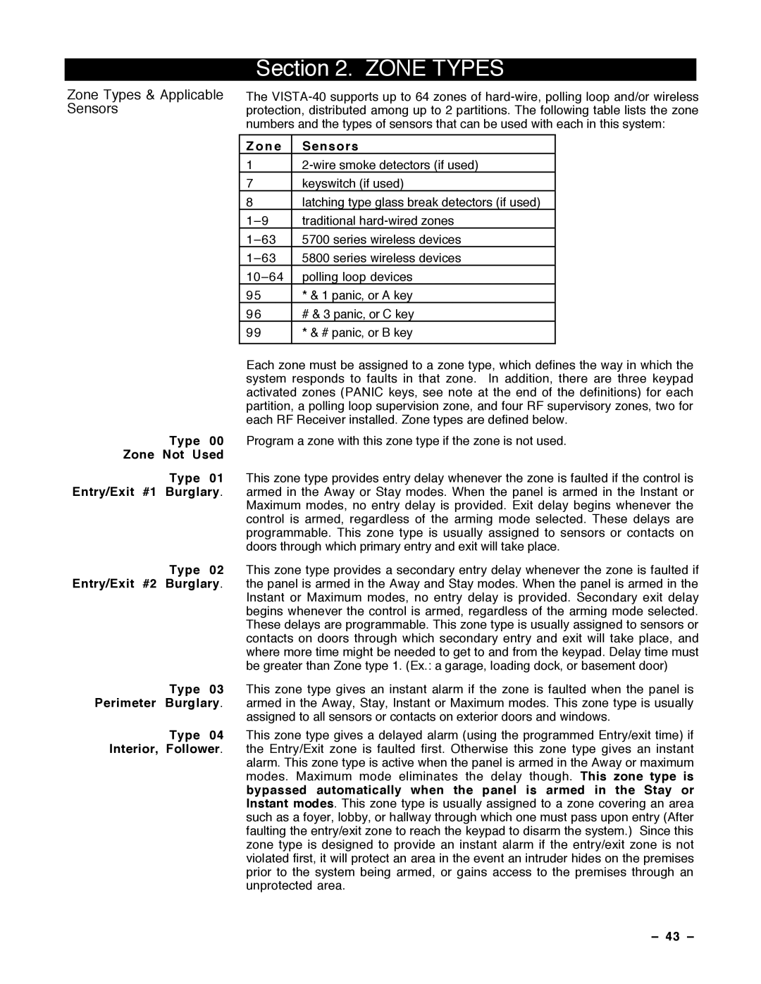 Guardian Technologies VISTA-40, N7001V2 installation instructions Zone Types 