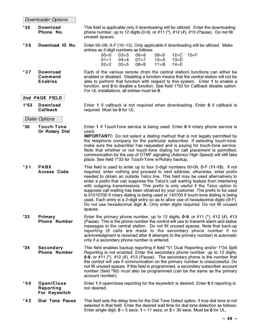 Guardian Technologies VISTA-40 Phone No, Download ID No, Download Command Enables 2nd page Field Download Callback 