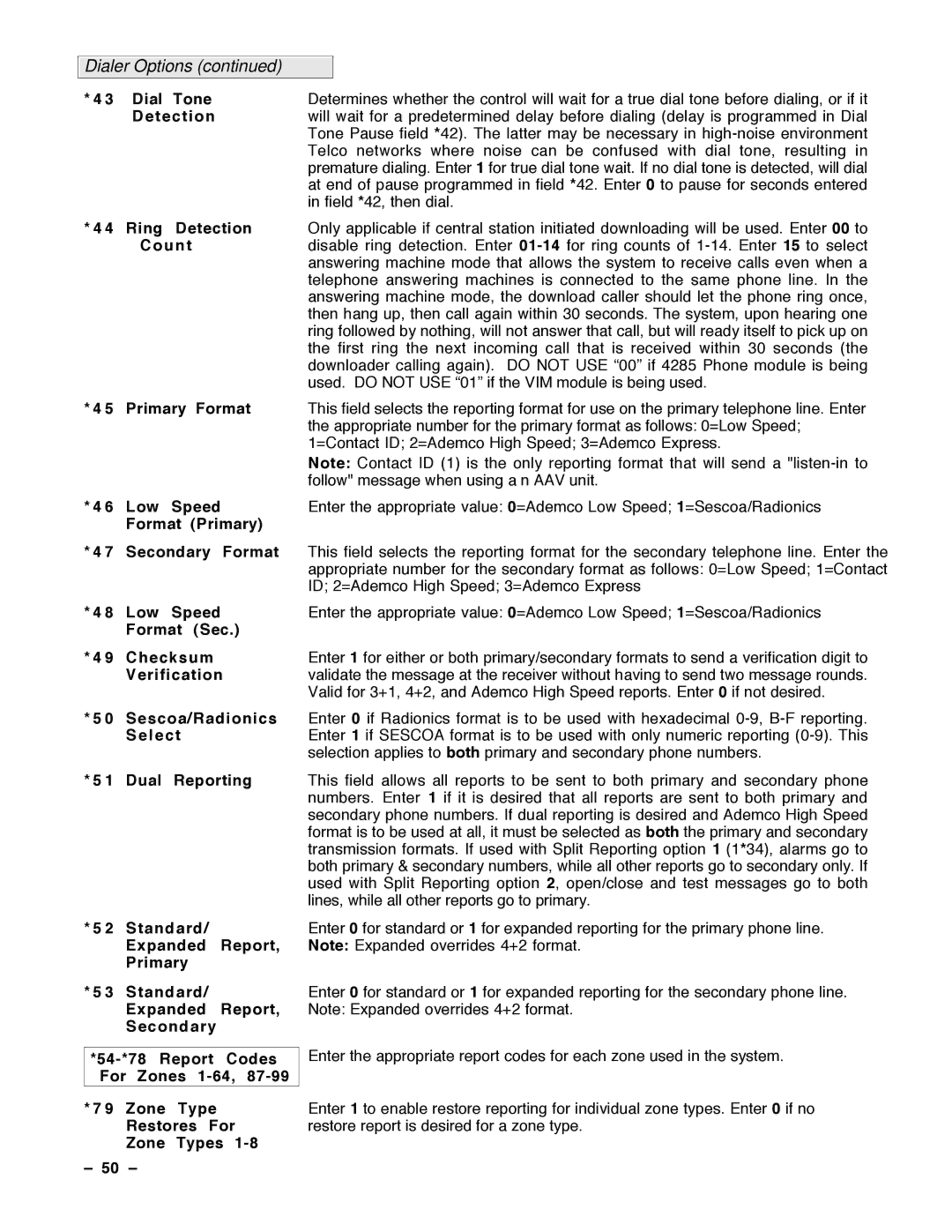 Guardian Technologies N7001V2, VISTA-40 installation instructions Dialer Options 