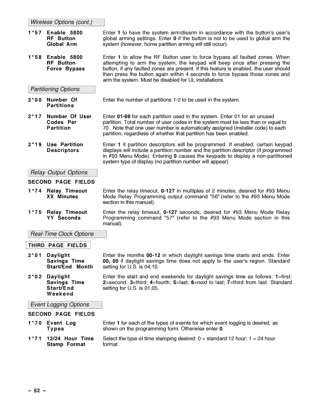 Guardian Technologies N7001V2, VISTA-40 RF Button, Global Arm, Force Bypass, Second page Fields, Third page Fields 