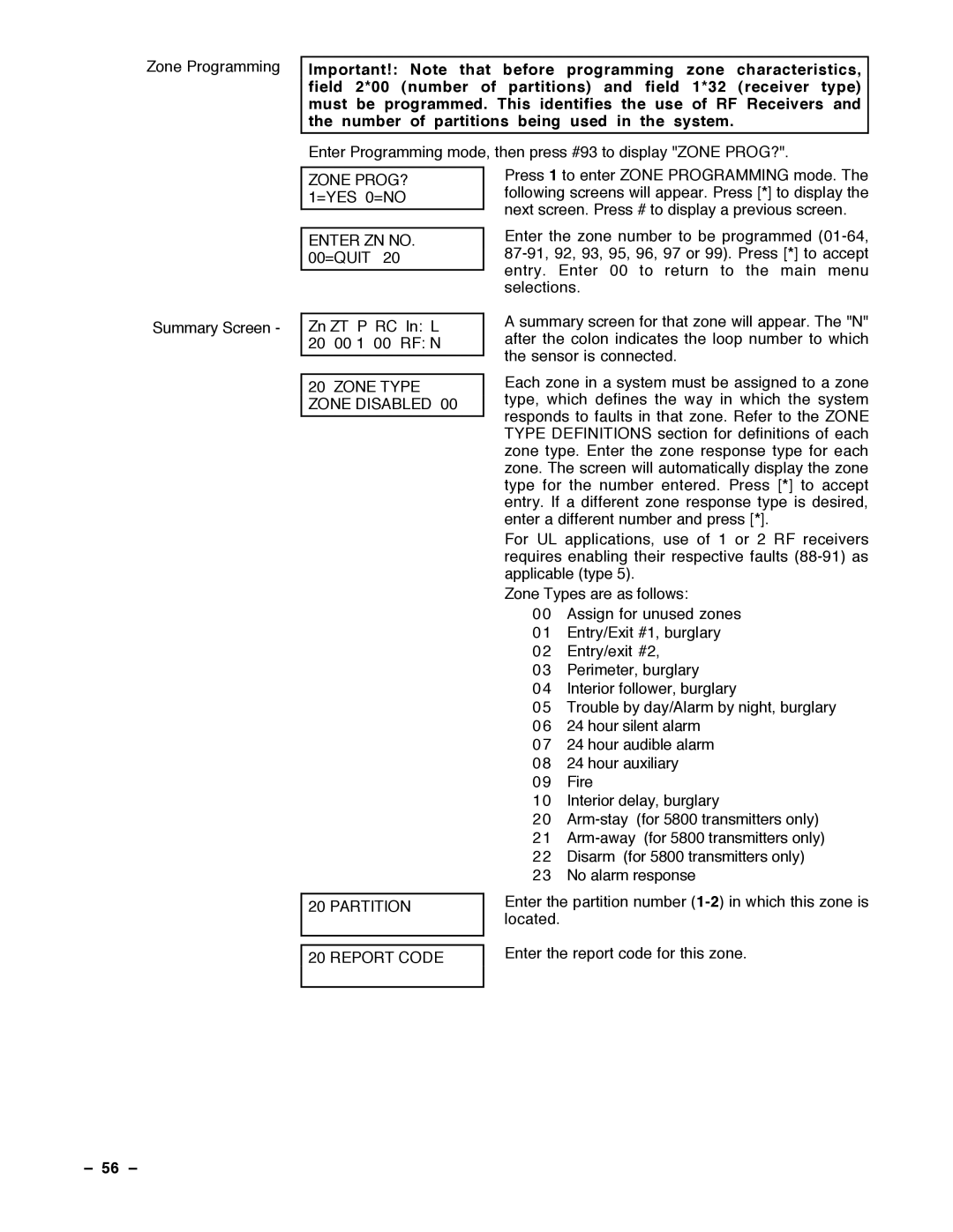 Guardian Technologies N7001V2 Zone PROG? 1=YES 0=NO Enter ZN no =QUIT, Zone Type Zone Disabled Partition Report Code, 56 Ð 