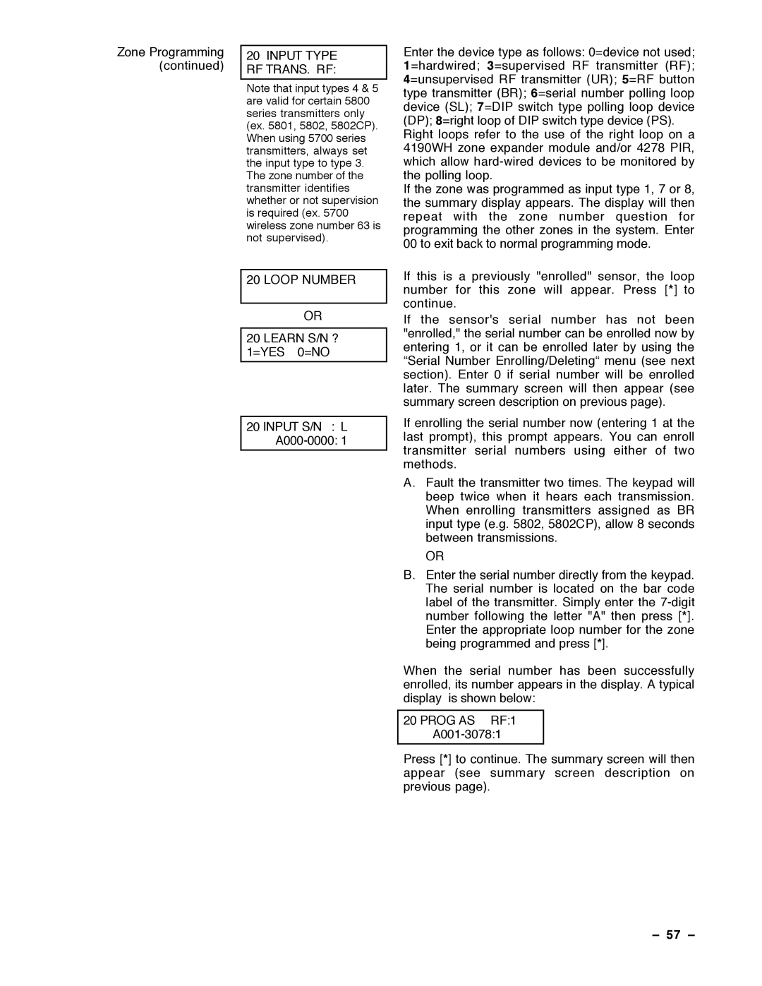 Guardian Technologies VISTA-40, N7001V2 installation instructions Input Type RF TRANS. RF Loop Number, Prog AS RF1, 57 Ð 