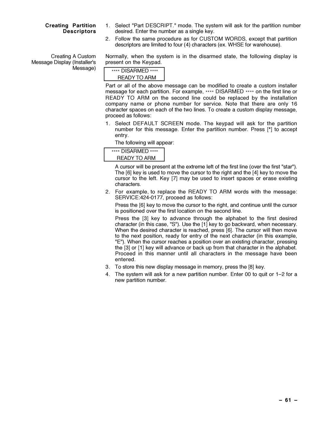 Guardian Technologies VISTA-40, N7001V2 installation instructions Creating Partition Descriptors, Ready to ARM, 61 Ð 