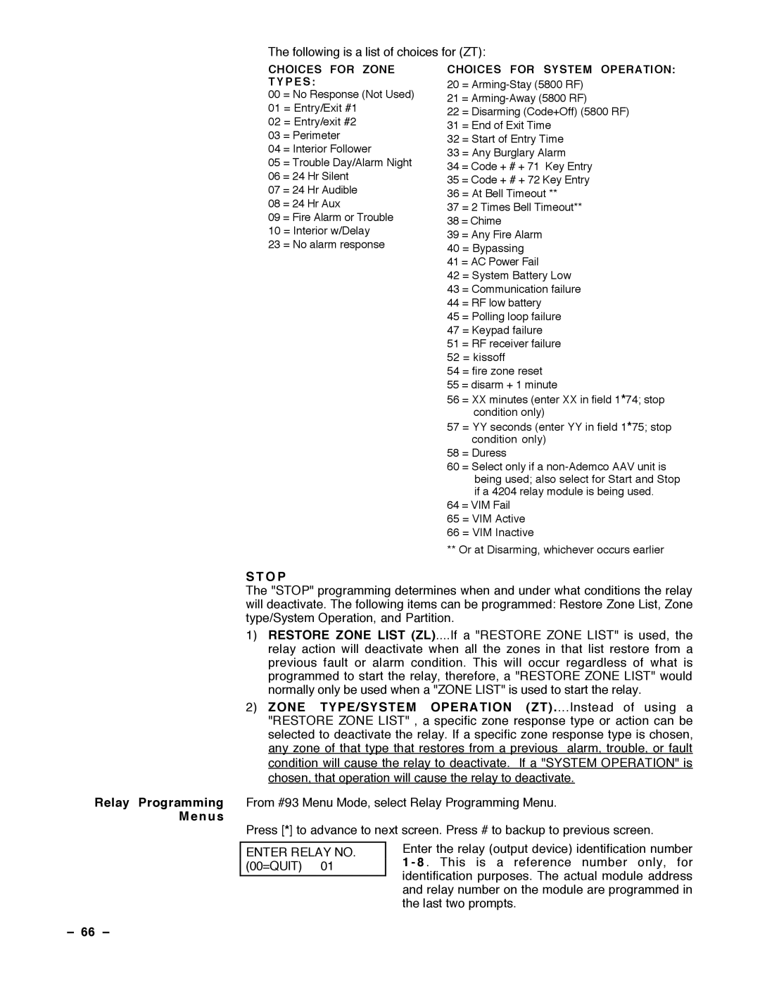 Guardian Technologies N7001V2, VISTA-40 installation instructions O P, Menus, Enter Relay no =QUIT, 66 Ð 