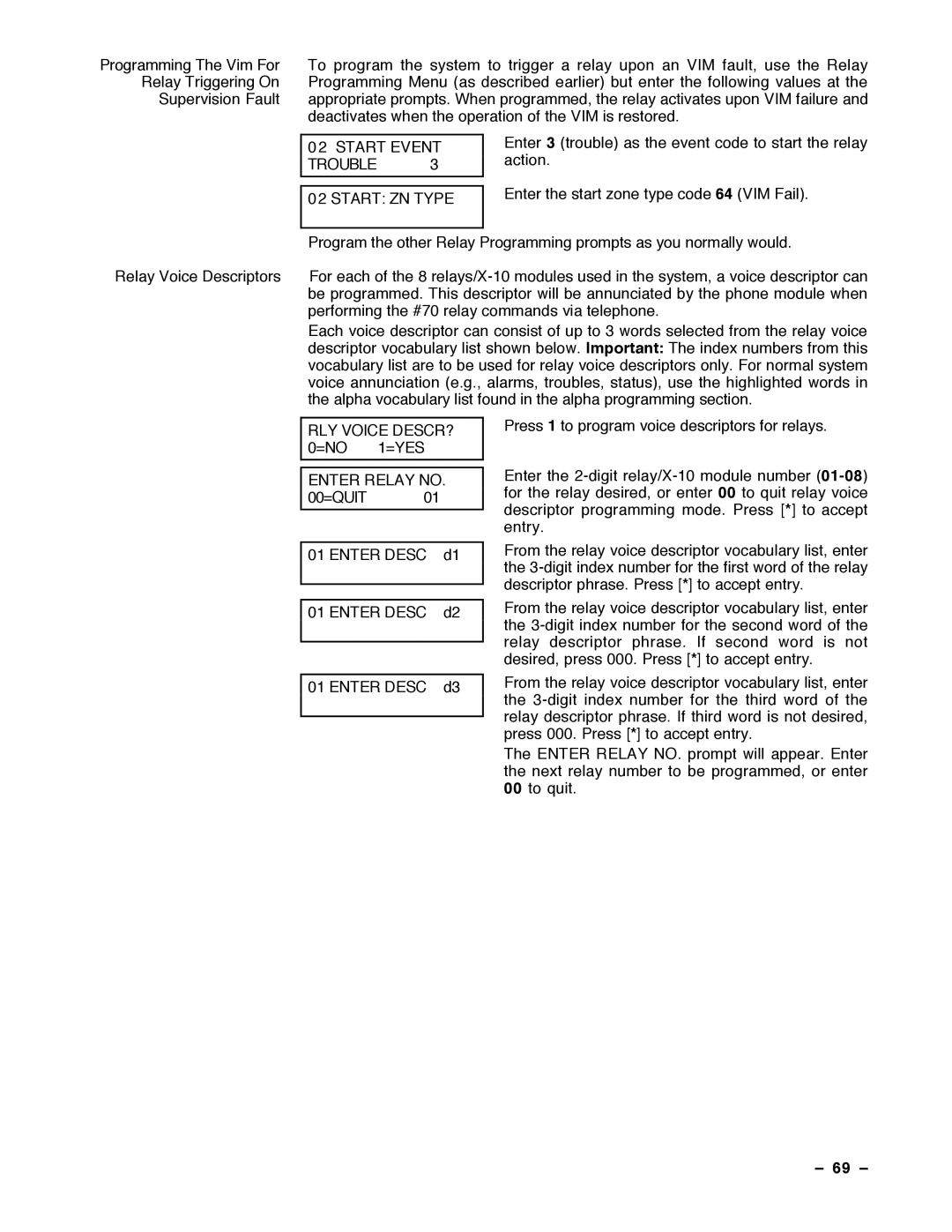 Guardian Technologies VISTA-40 Start Event Trouble Start ZN Type, RLY Voice DESCR? 0=NO 1=YES, Enter Relay no, Enter Desc 