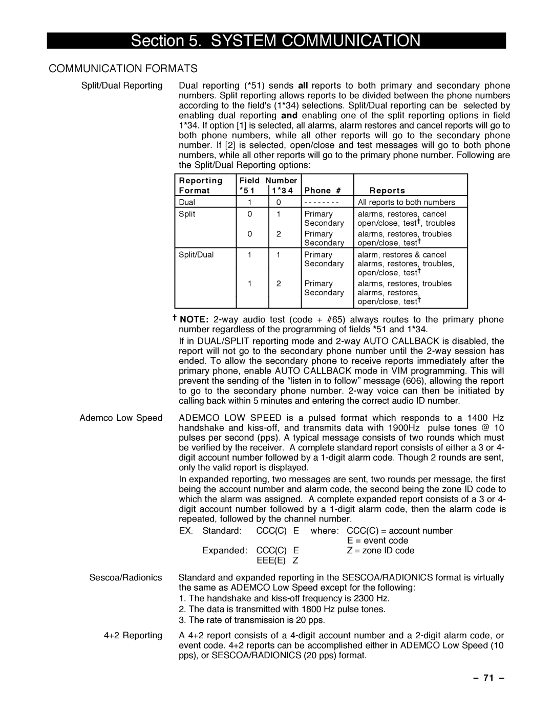 Guardian Technologies VISTA-40, N7001V2 System Communication, Communication Formats, Cccc, Eeee, 71 Ð 