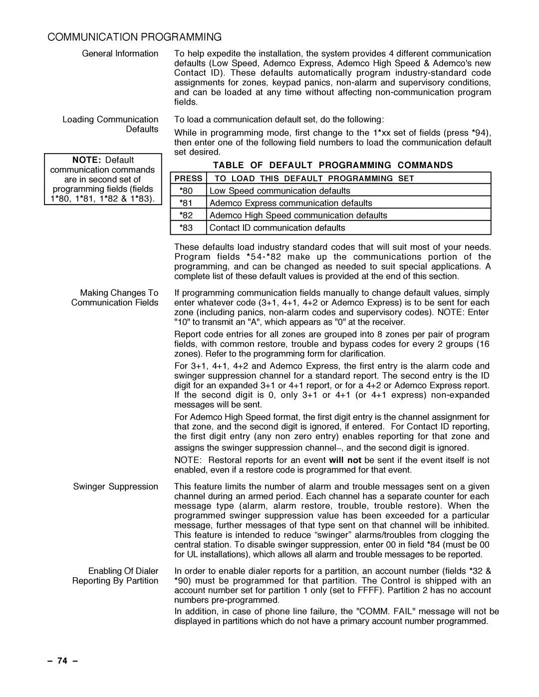 Guardian Technologies N7001V2, VISTA-40 Communication Programming, Table of Default Programming Commands, 74 Ð 