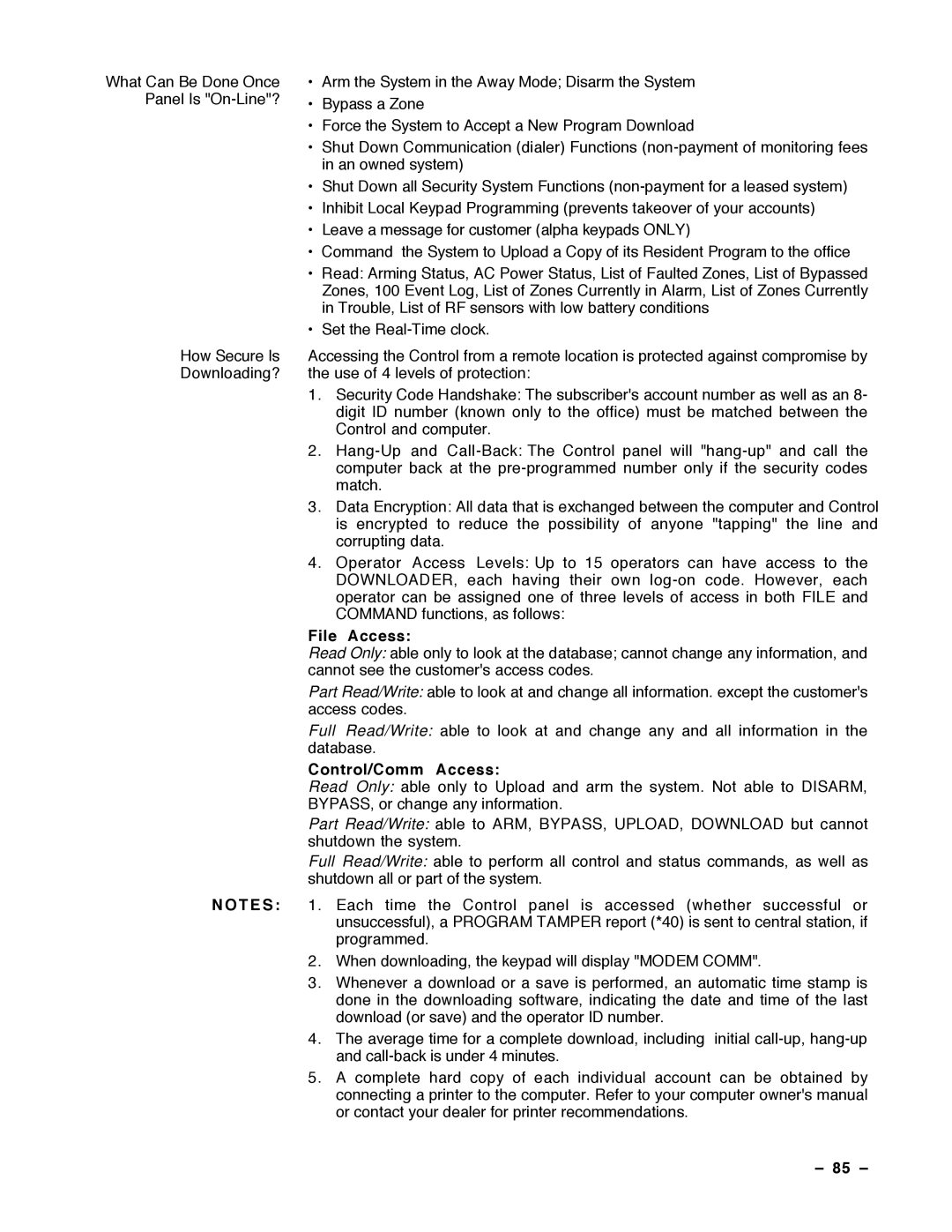 Guardian Technologies VISTA-40, N7001V2 installation instructions File Access, Control/Comm Access, 85 Ð 