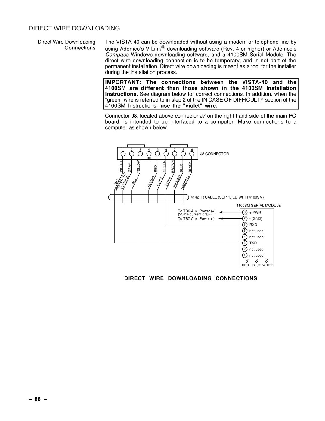 Guardian Technologies N7001V2, VISTA-40 installation instructions Direct Wire Downloading Connections, 86 Ð 