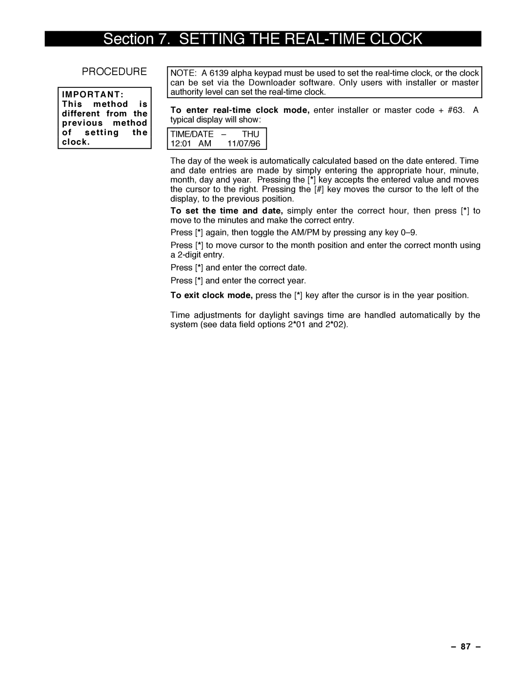 Guardian Technologies VISTA-40, N7001V2 installation instructions Setting the REAL-TIME Clock, Procedure, 87 Ð 