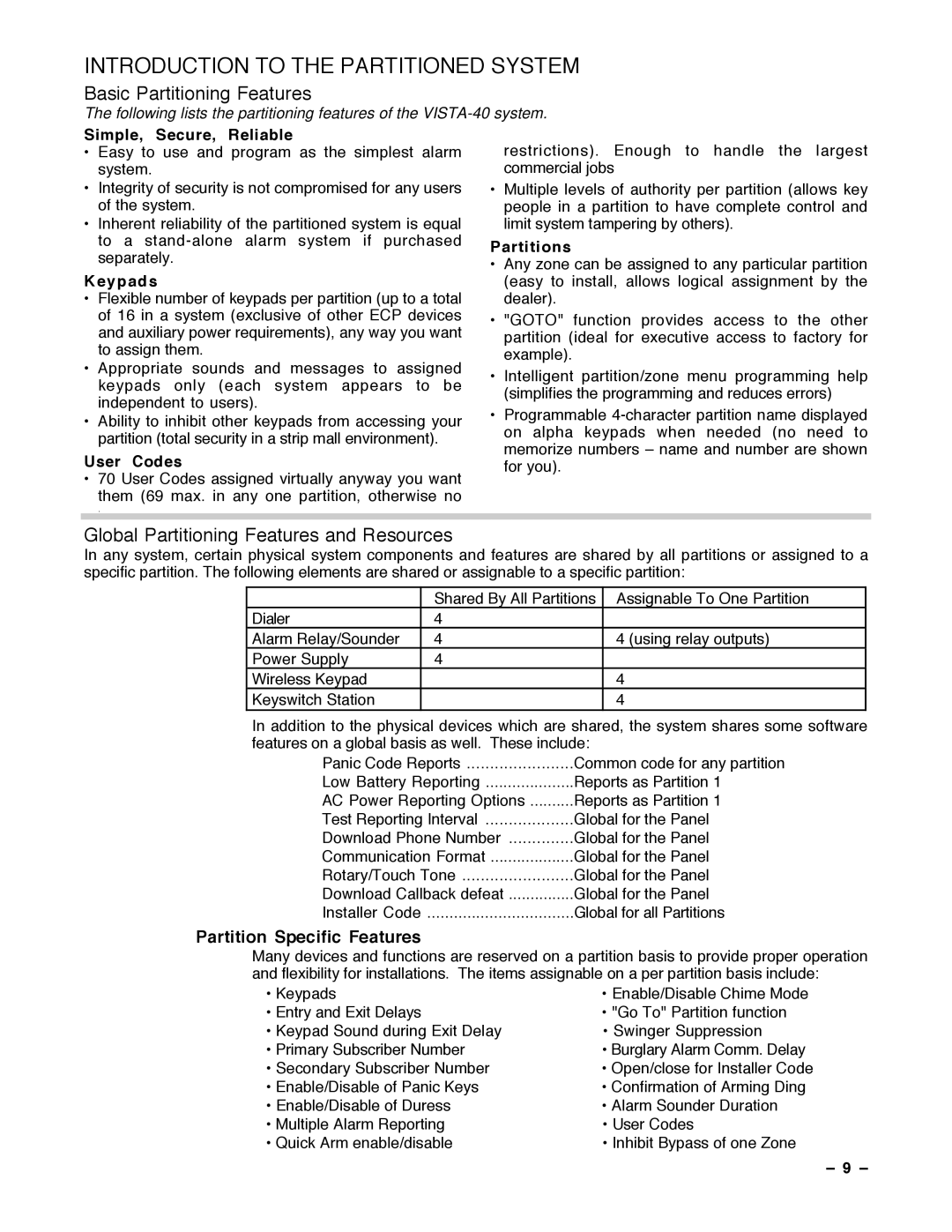 Guardian Technologies VISTA-40, N7001V2 installation instructions Simple, Secure, Reliable, Partitions 