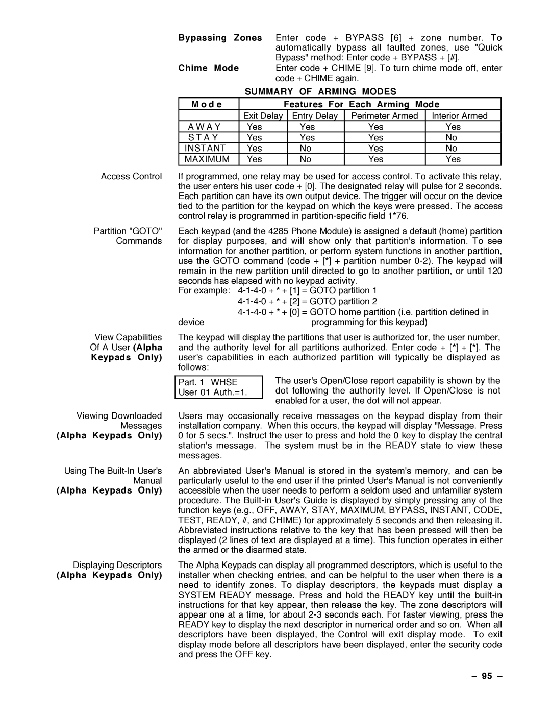 Guardian Technologies VISTA-40, N7001V2 Summary of Arming Modes, M o d e Features For Each Arming Mode, Keypads Only, 95 Ð 