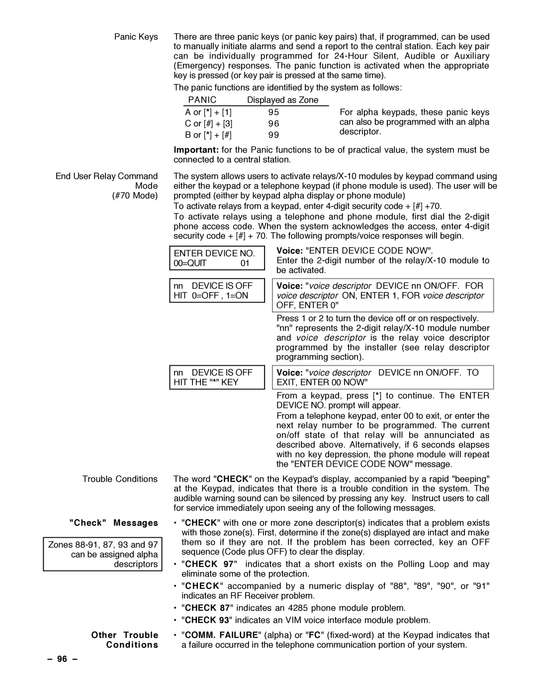 Guardian Technologies N7001V2, VISTA-40 installation instructions Check Messages, Other Trouble Conditions 96 Ð 