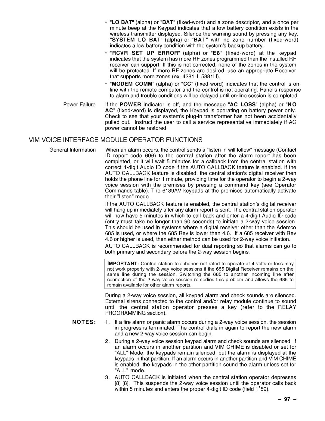 Guardian Technologies VISTA-40, N7001V2 installation instructions VIM Voice Interface Module Operator Functions, 97 Ð 