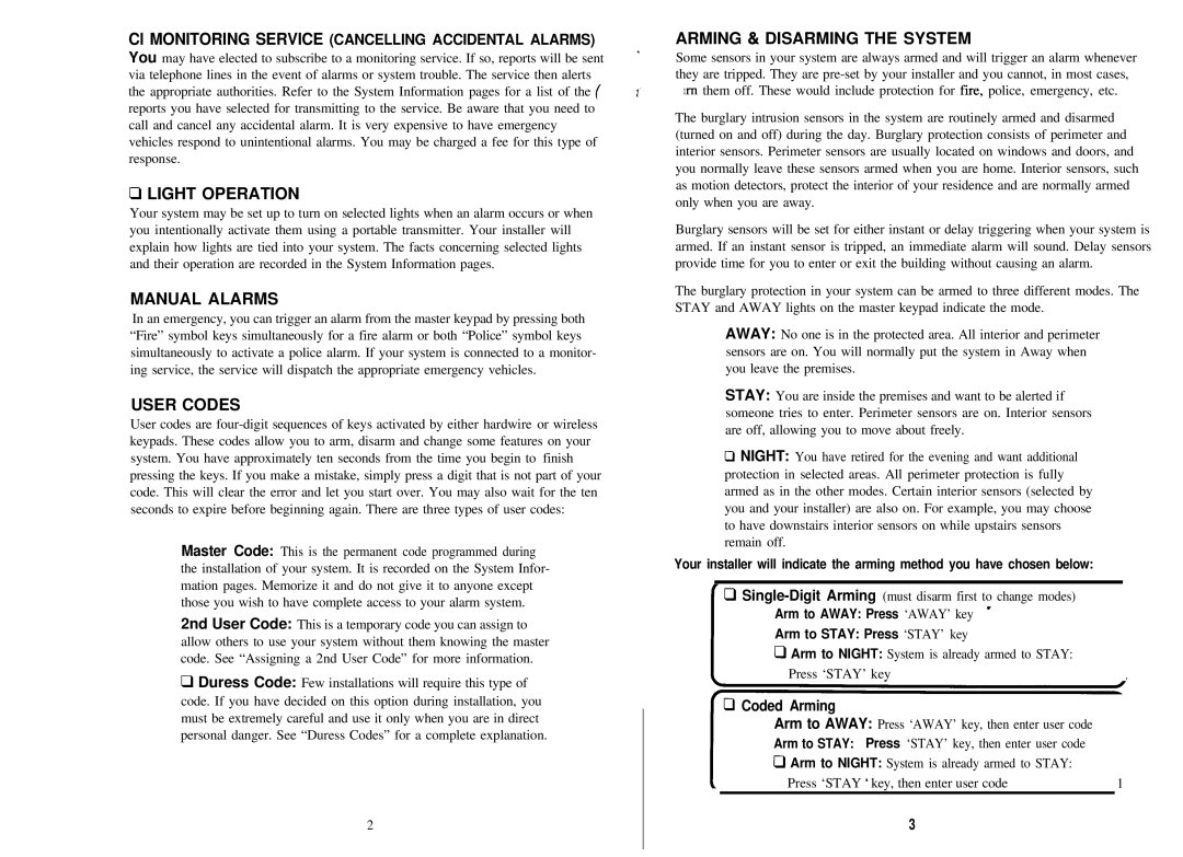 Guardian Technologies PN 8402 manual Light Operation, Manual Alarms, User Codes, Arming & Disarming the System 