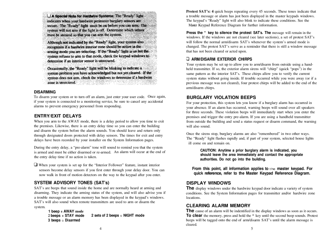 Guardian Technologies PN 8402 ENTRY/EXIT Delays, System Advisory Tones SAT’s, Burglary Violation Beeps, Display Windows 