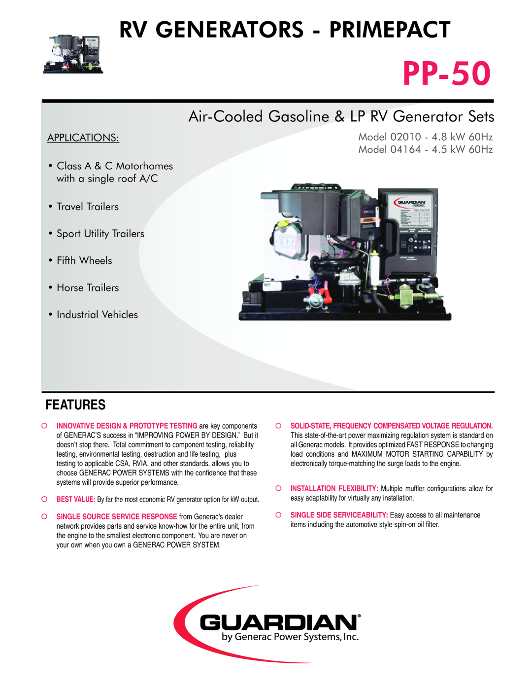 Guardian Technologies PP-50 manual Features, Rv Generators - Primepact, Air-CooledGasoline & LP RV Generator Sets 