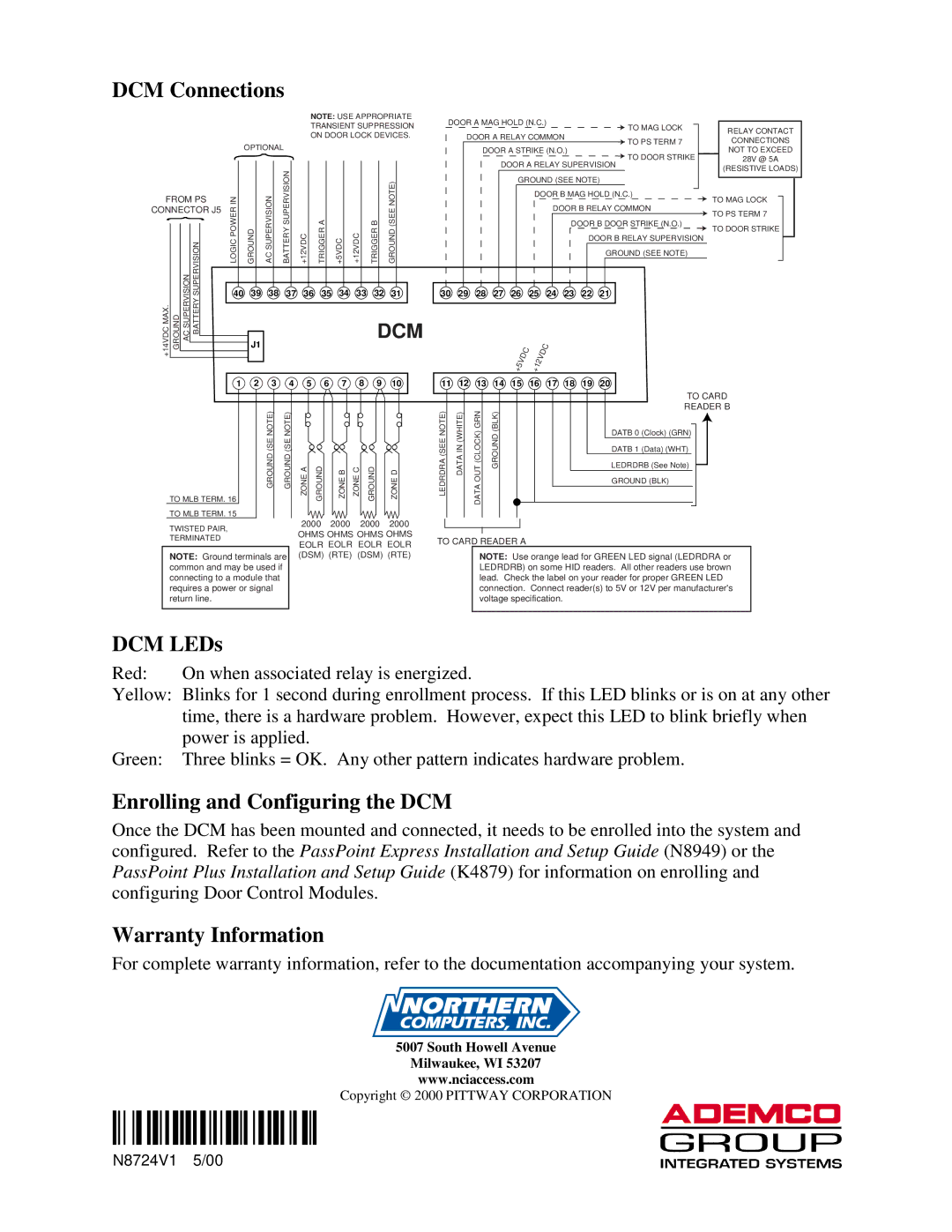 Guardian Technologies PTDCM (SA12020) DCM Connections, DCM LEDs, Enrolling and Configuring the DCM, Warranty Information 