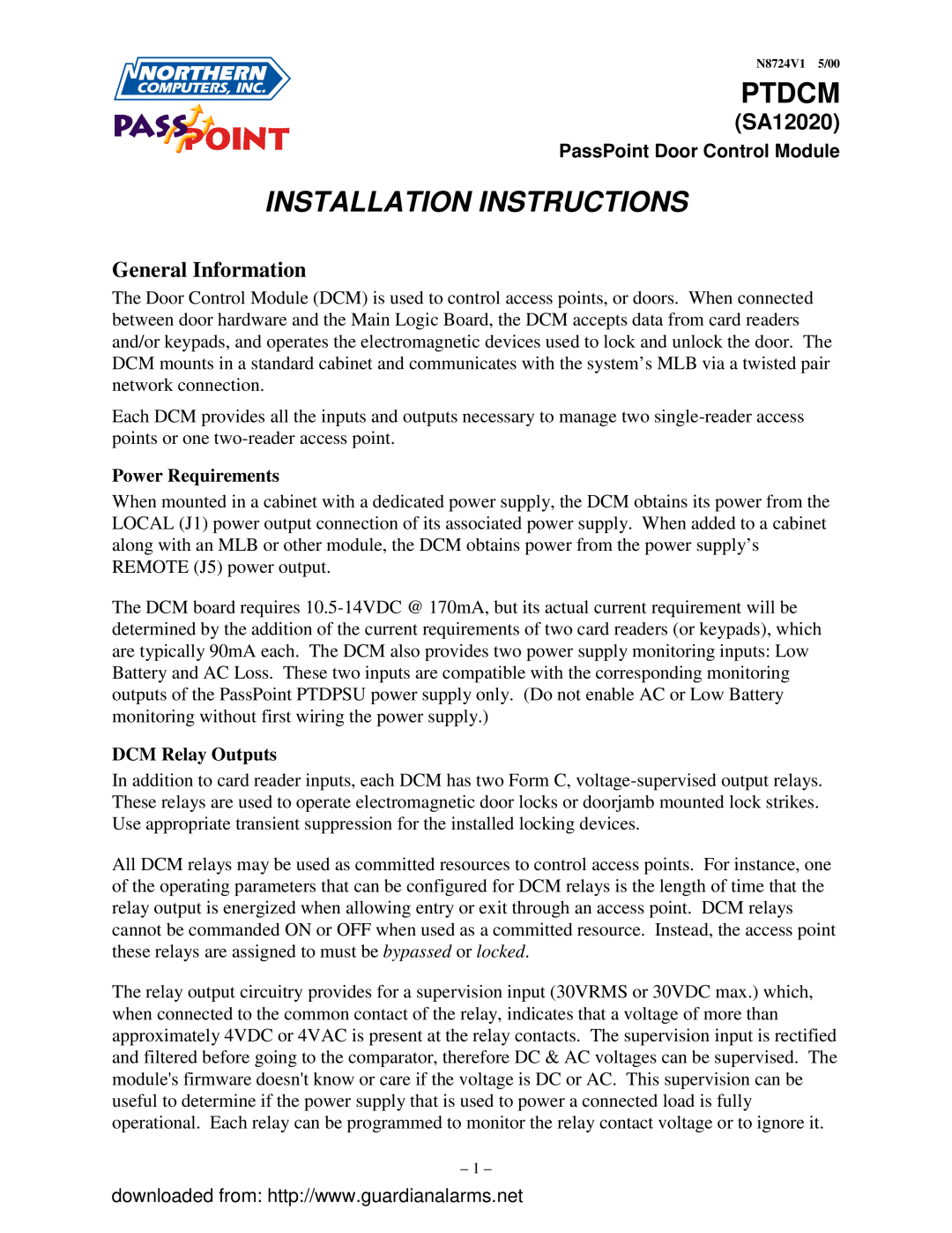 Guardian Technologies PTDCM (SA12020) installation instructions General Information, Power Requirements, DCM Relay Outputs 