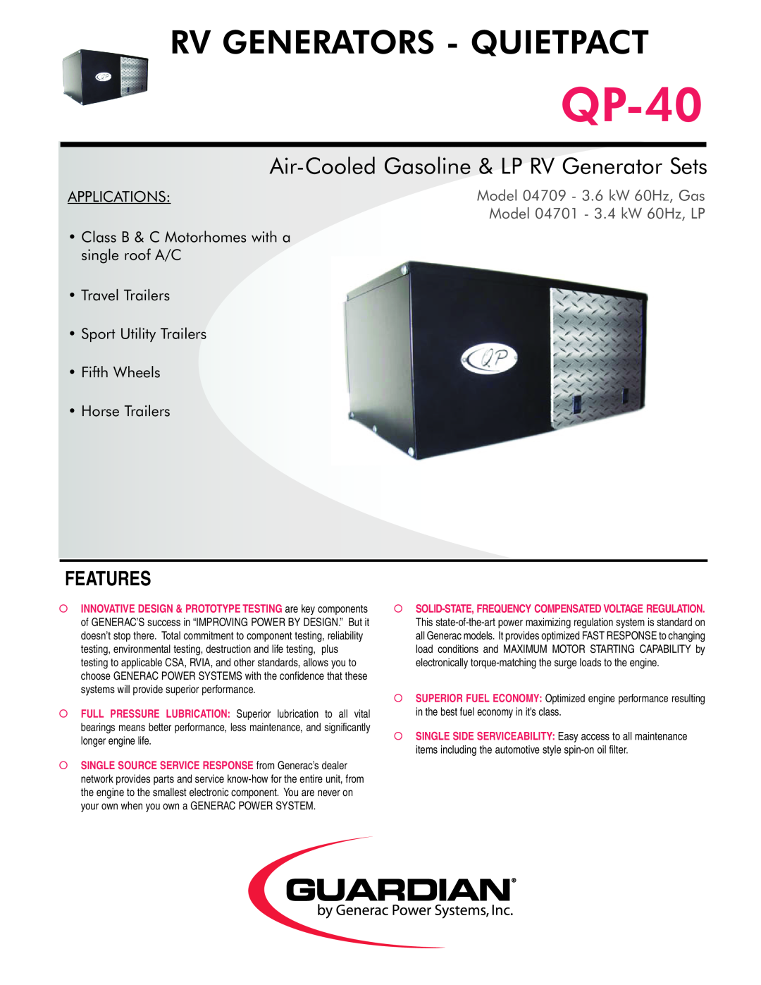 Guardian Technologies QP-40 manual Features, Rv Generators - Quietpact, Air-CooledGasoline & LP RV Generator Sets 