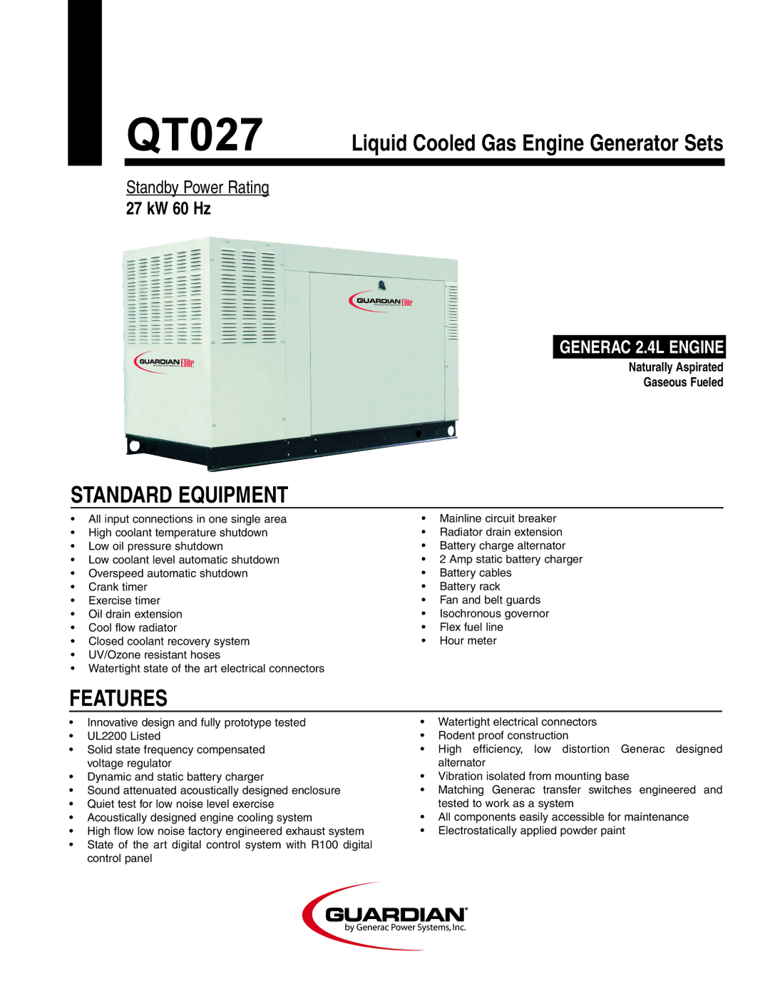 Guardian Technologies QT027 manual Standard Equipment, Features 