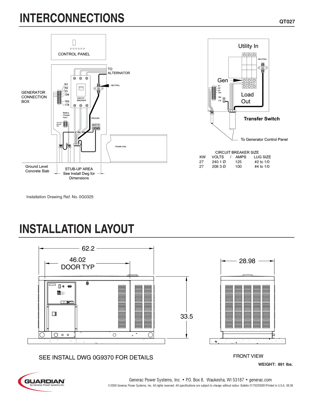 Guardian Technologies QT027 manual Installation Layout, Installation Drawing Ref. No G0325 