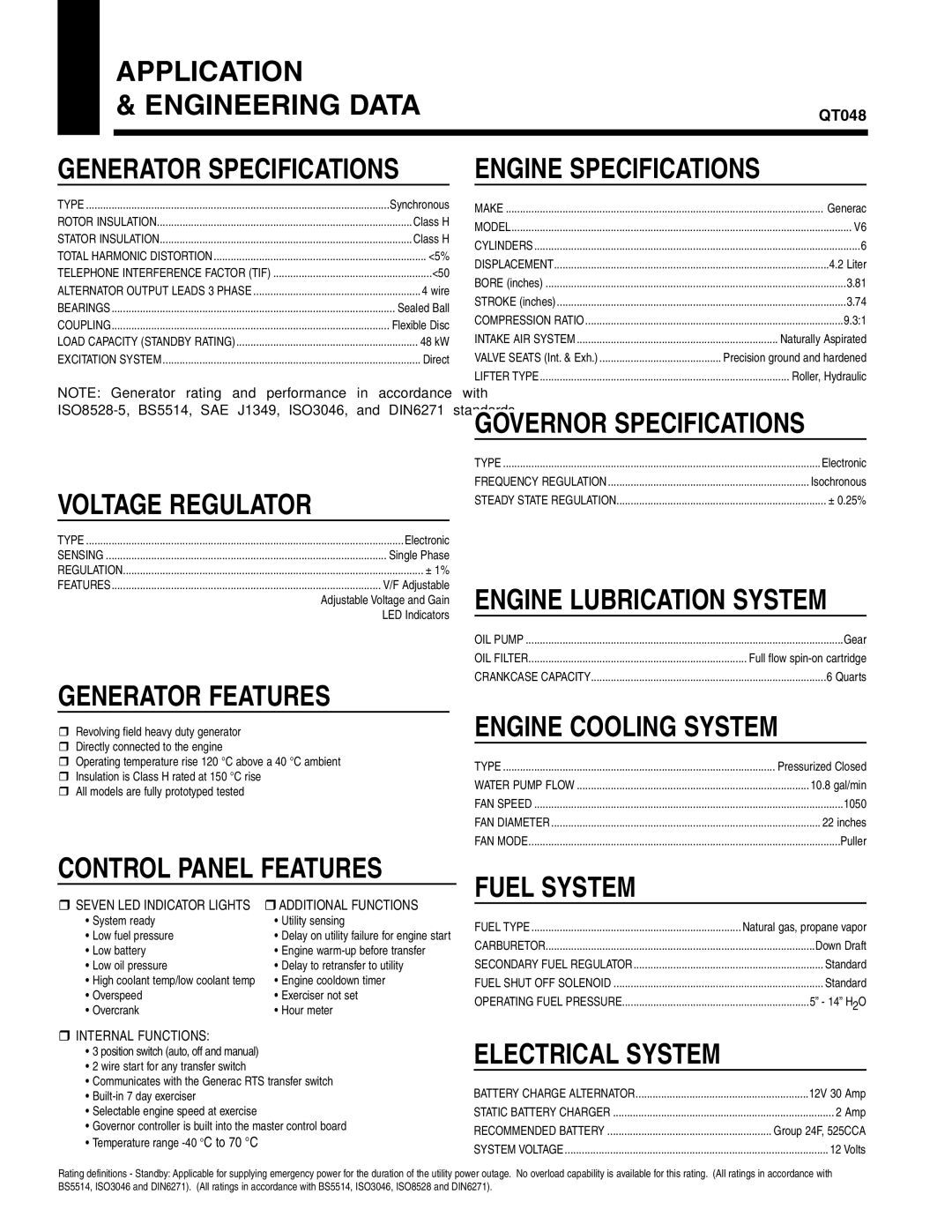 Guardian Technologies QT048 Application Engineering Data, Engine Specifications, Voltage Regulator, Generator Features 