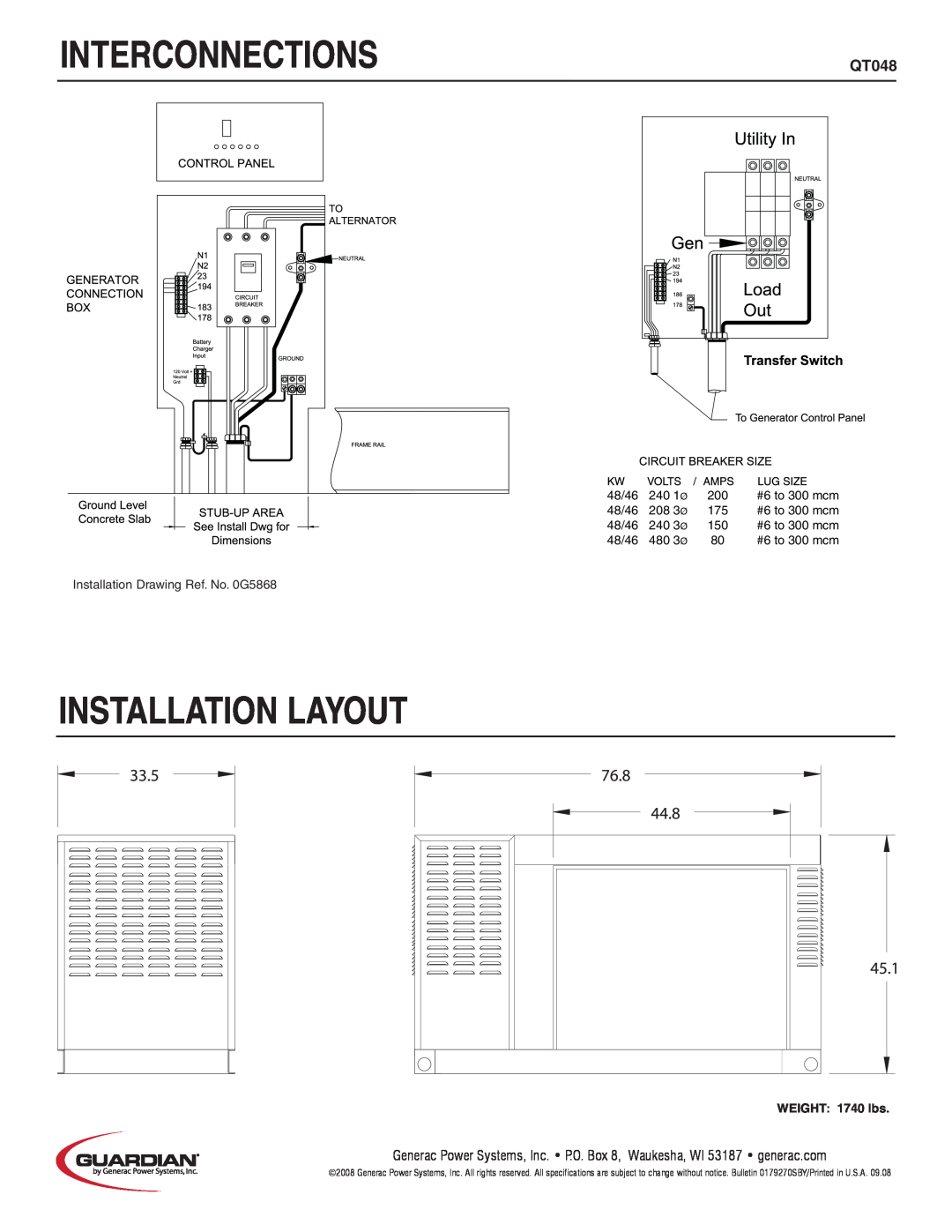 Guardian Technologies QT048 manual Interconnections, Installation Layout, WEIGHT 1740 lbs 