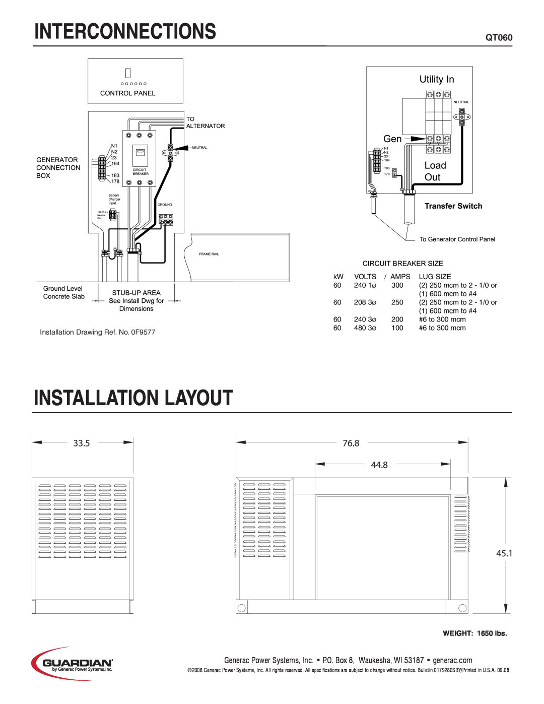 Guardian Technologies QT060 manual Interconnections, Installation Layout, WEIGHT 1650 lbs 