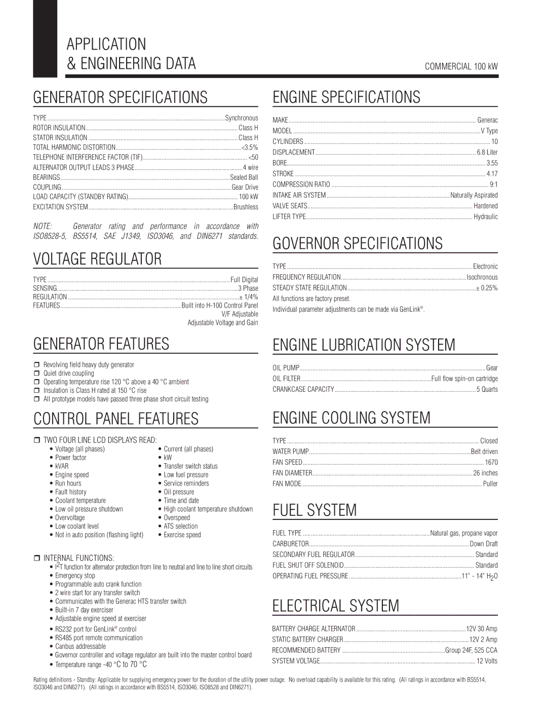 Guardian Technologies QT10068 Application Engineering Data, Engine Specifications, Voltage Regulator, Generator Features 