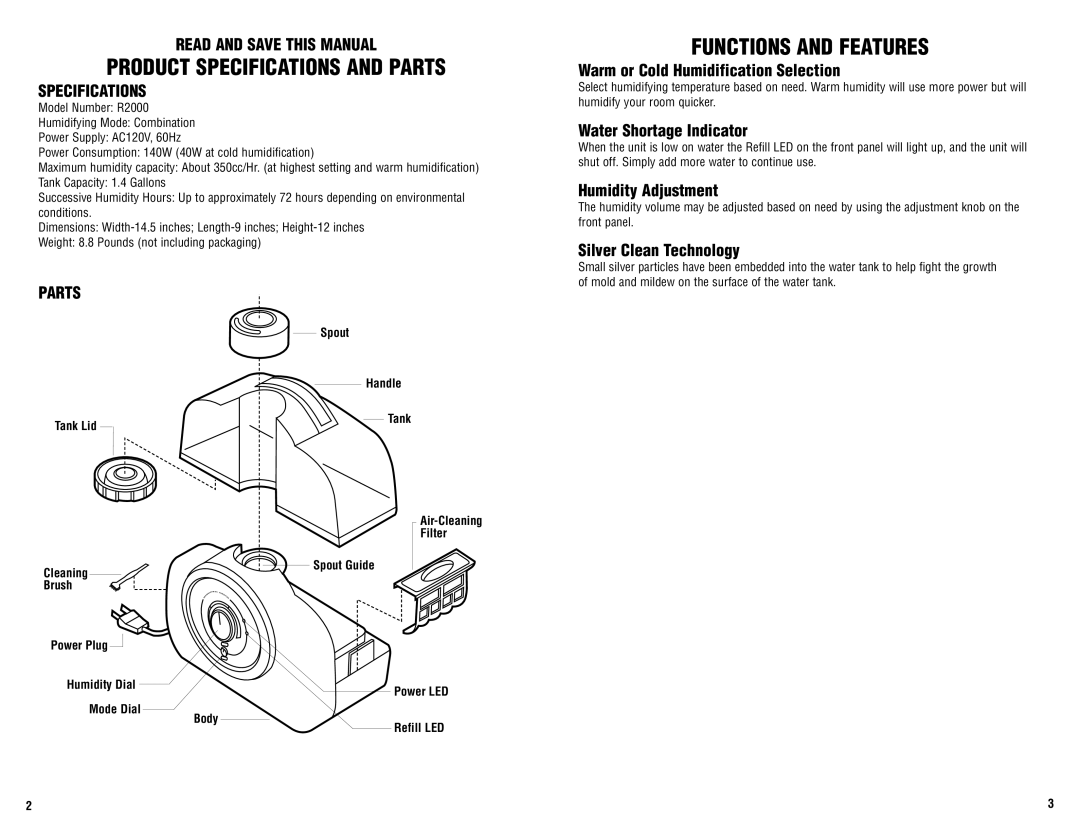 Guardian Technologies R2000 warranty Product Specifications and Parts, Functions and Features, Read and Save this Manual 