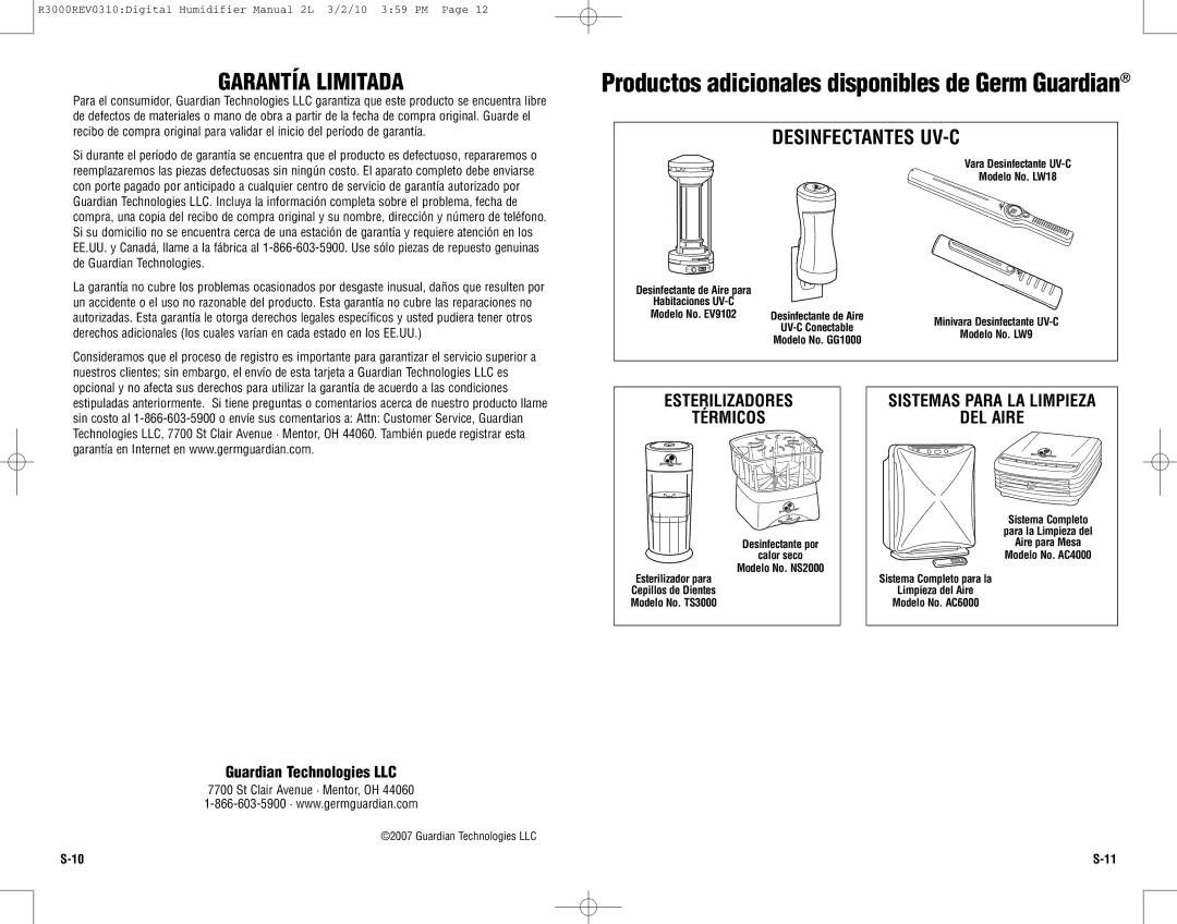 Guardian Technologies R3000 warranty Garantía Limitada, Desinfectantes UV-C, Esterilizadores Térmicos 