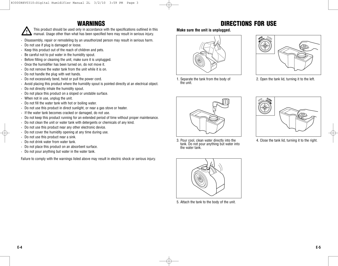 Guardian Technologies R3000 warranty Directions for USE, Water tank Attach the tank to the body of the unit 