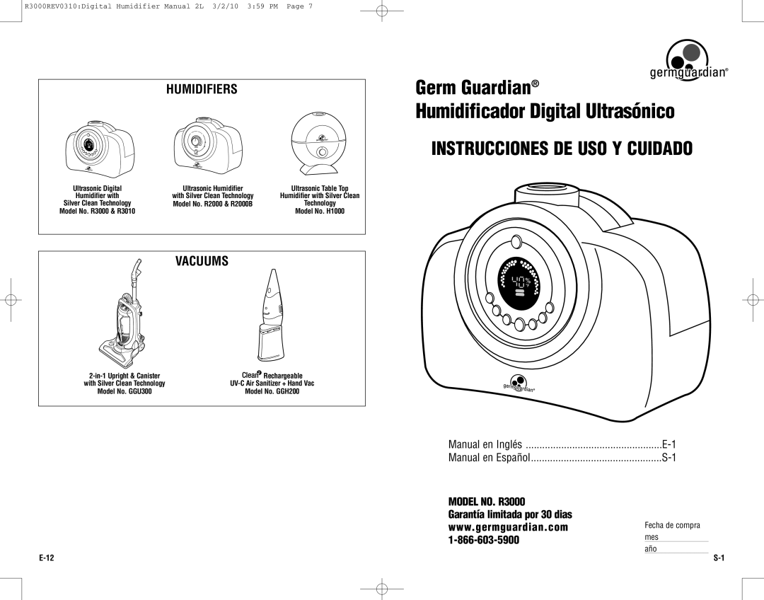 Guardian Technologies R3000 warranty Humidifiers, Vacuums, Manual en Inglés Manual en Español, Mes, Año 