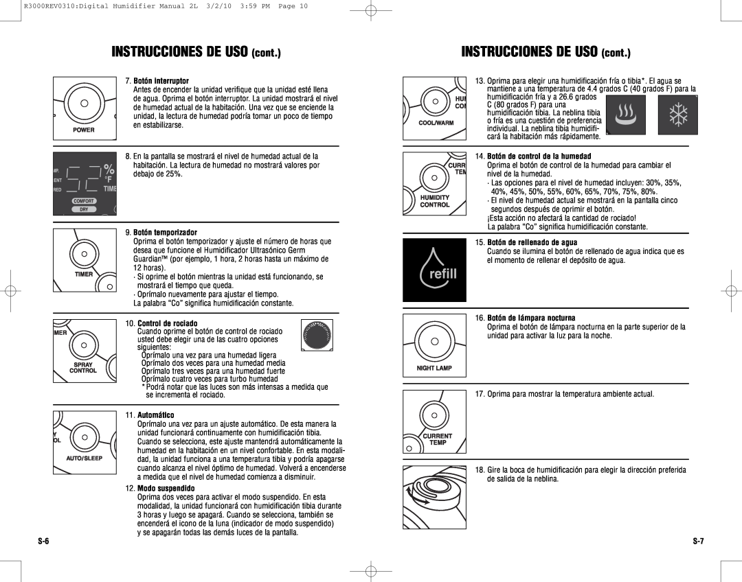 Guardian Technologies R3000 warranty INSTRUCCIONES DE USO cont, 7.Botón interruptor, 9.Botón temporizador, Automático 
