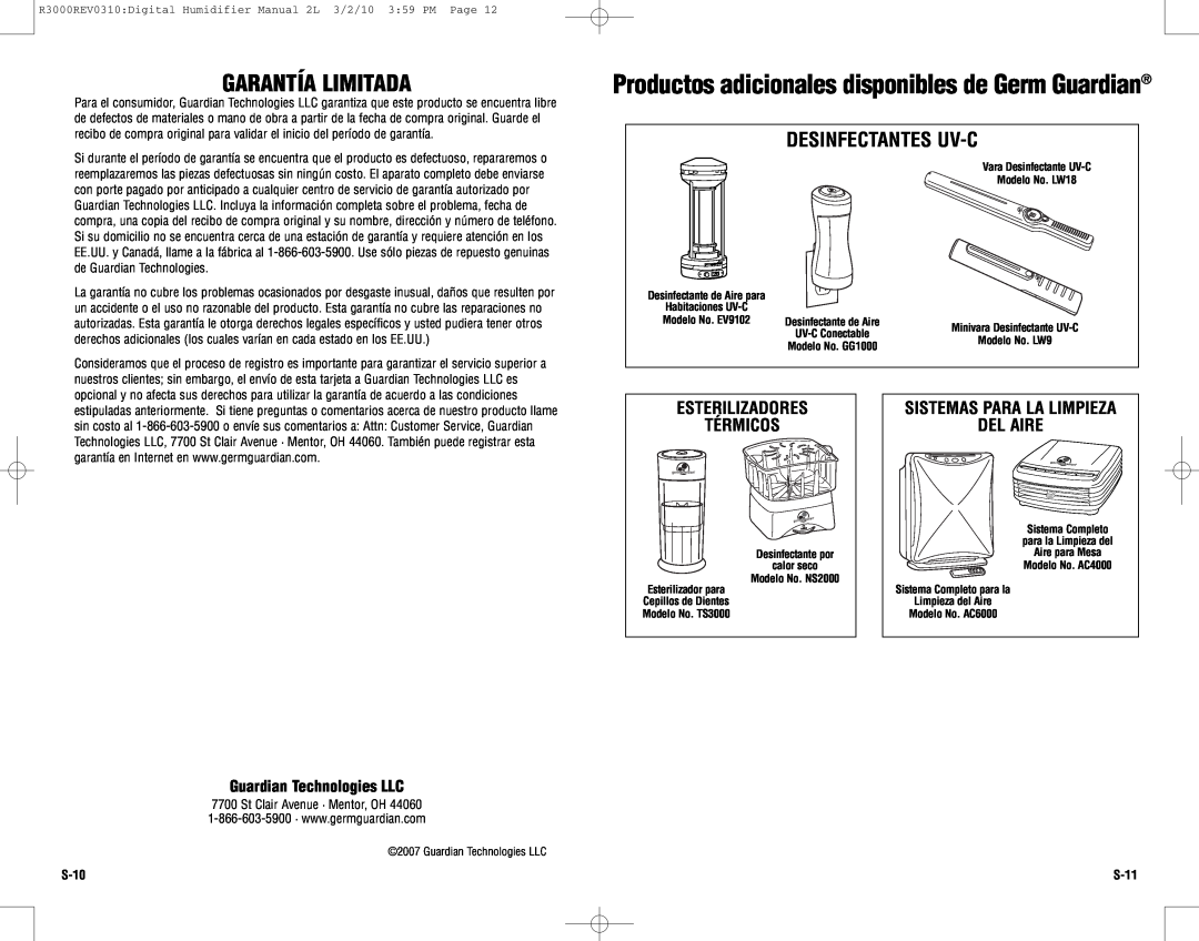 Guardian Technologies R3000 Productosadicionales disponiblesde Germ Guardian, Garantía Limitada, Desinfectantes Uv-C, S-11 