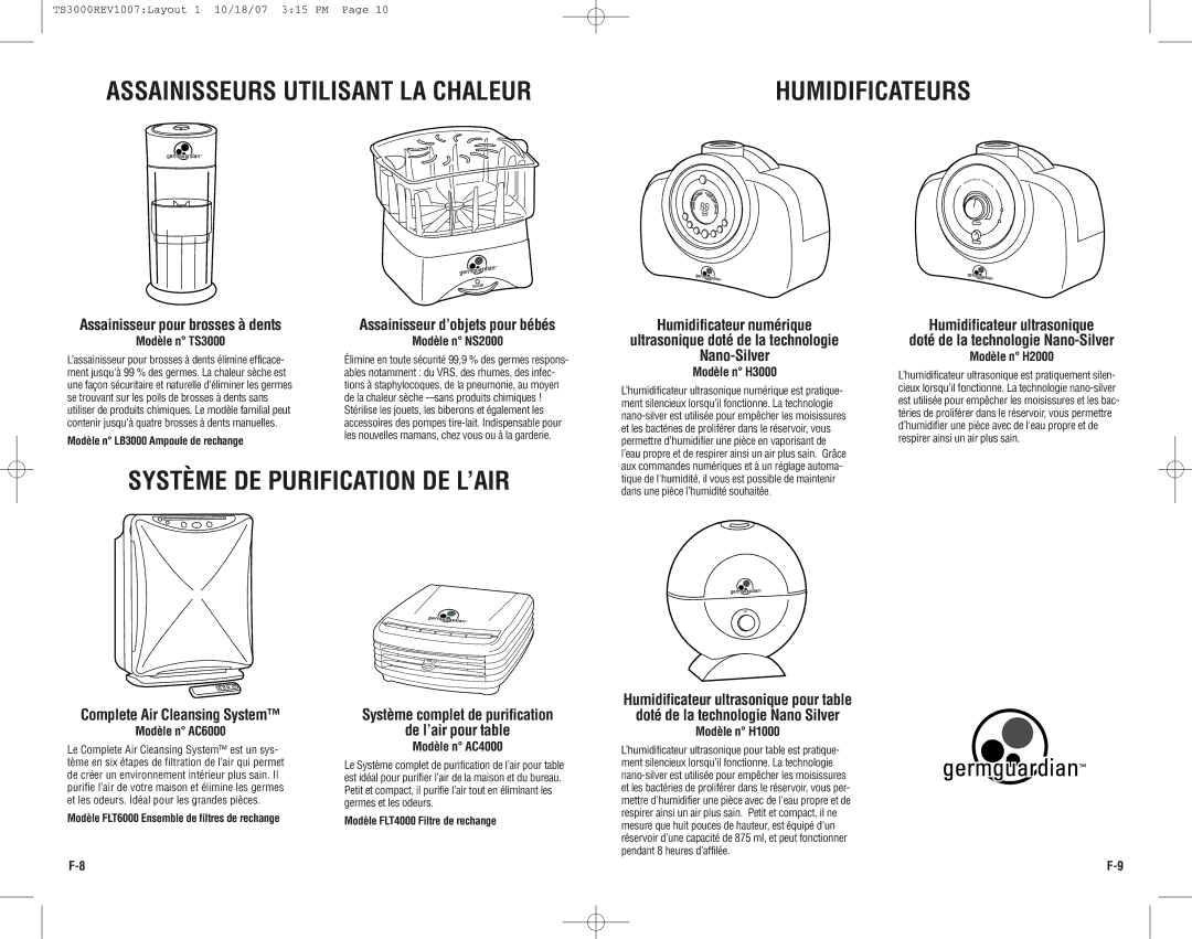 Guardian Technologies TS3000 warranty Assainisseurs Utilisant LA Chaleur, Système DE Purification DE L’AIR, Humidificateurs 