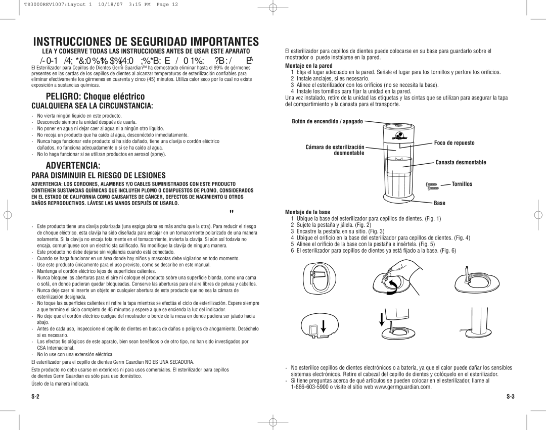 Guardian Technologies TS3000CA warranty Ensamblado, Selección DE Cepillos DE Dientes Apropiados, Montaje en la pared 