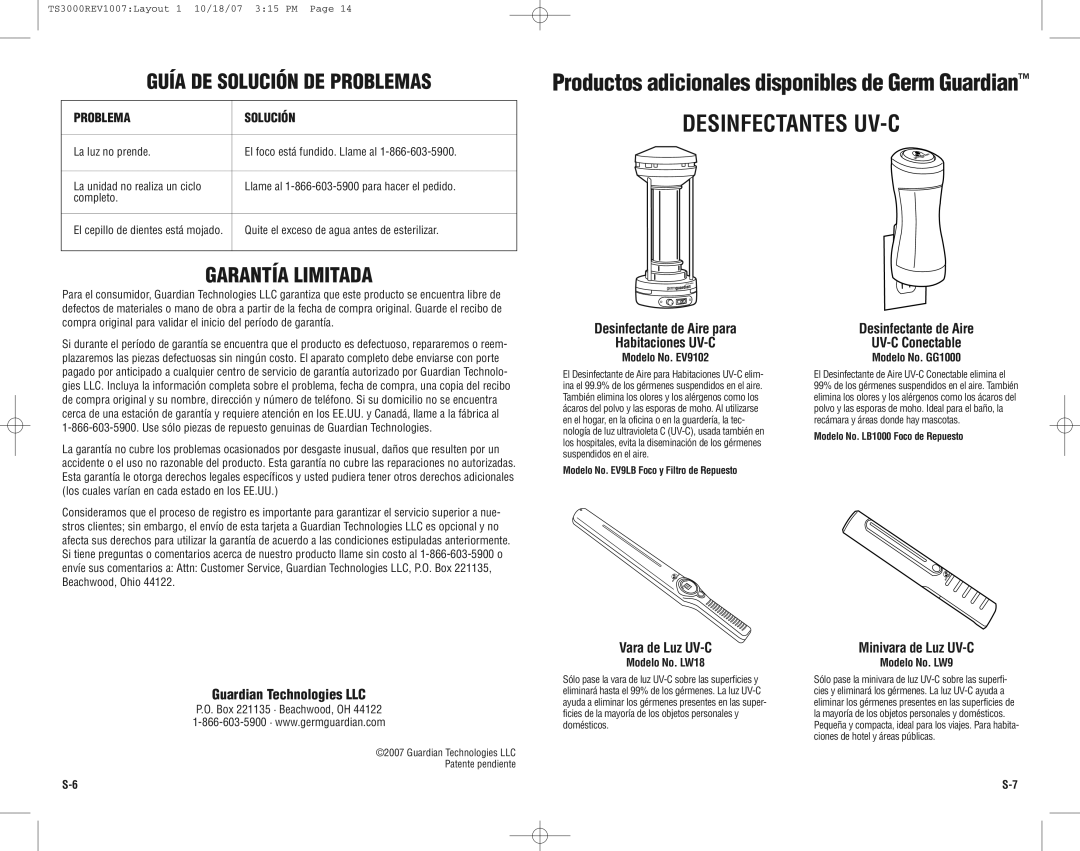 Guardian Technologies TS3000CA warranty Desinfectantes UV-C, Guía DE Solución DE Problemas, Garantía Limitada 