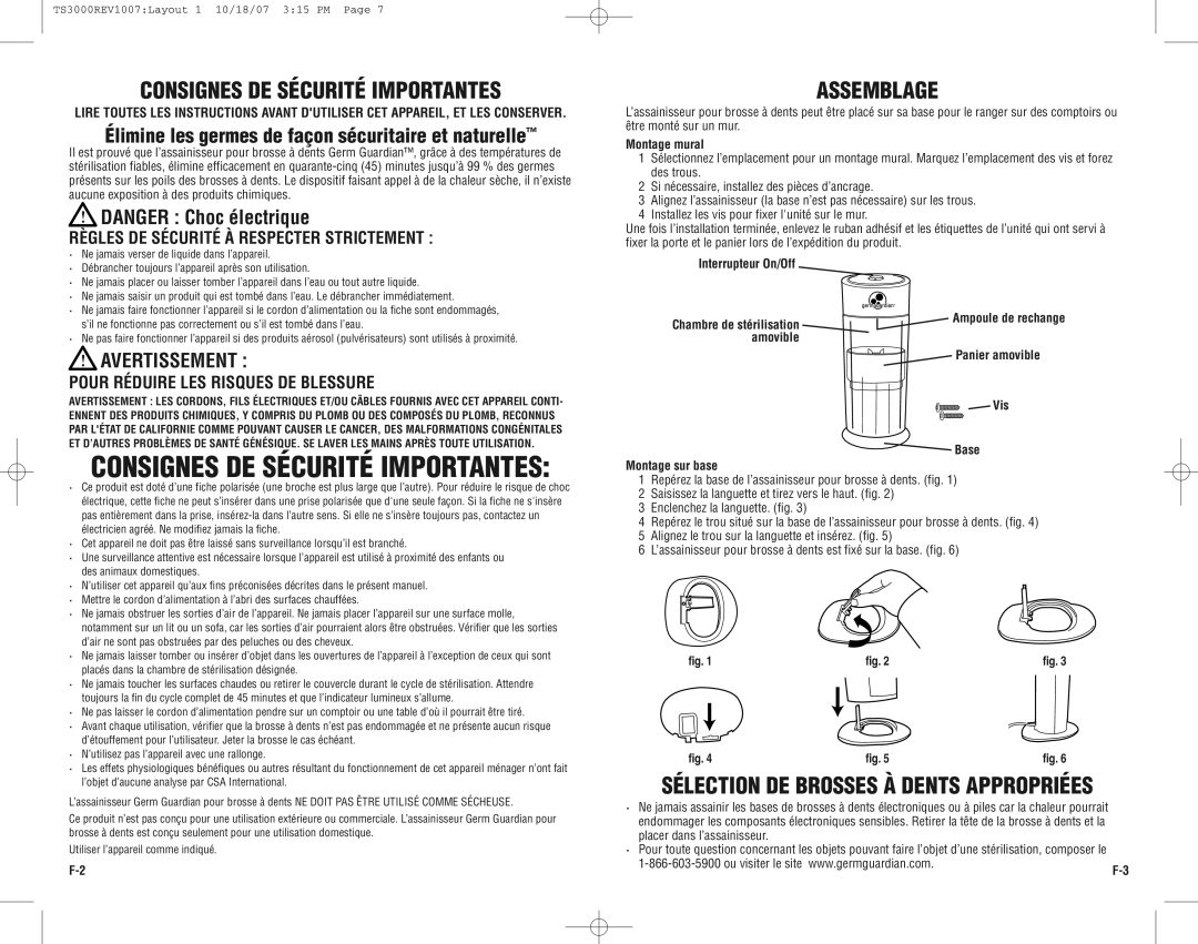 Guardian Technologies TS3000CA Consignes DE Sécurité Importantes, Assemblage, Sélection DE Brosses À Dents Appropriées 