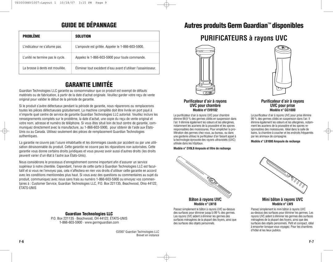 Guardian Technologies TS3000CA warranty Guide DE Dépannage, Garantie Limitée 