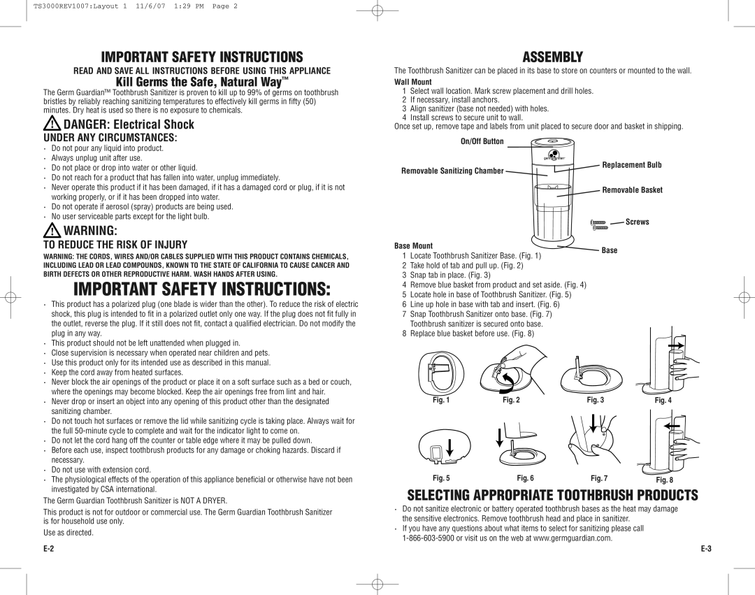 Guardian Technologies TS3000CA Important Safety Instructions, Assembly, Selecting Appropriate Toothbrush Products 