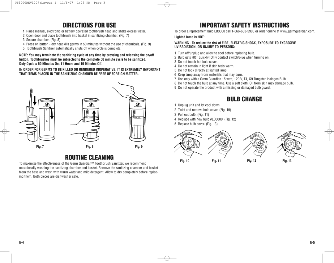 Guardian Technologies TS3000CA warranty Directions for USE, Bulb Change, Routine Cleaning, Lighted lamp is HOT 